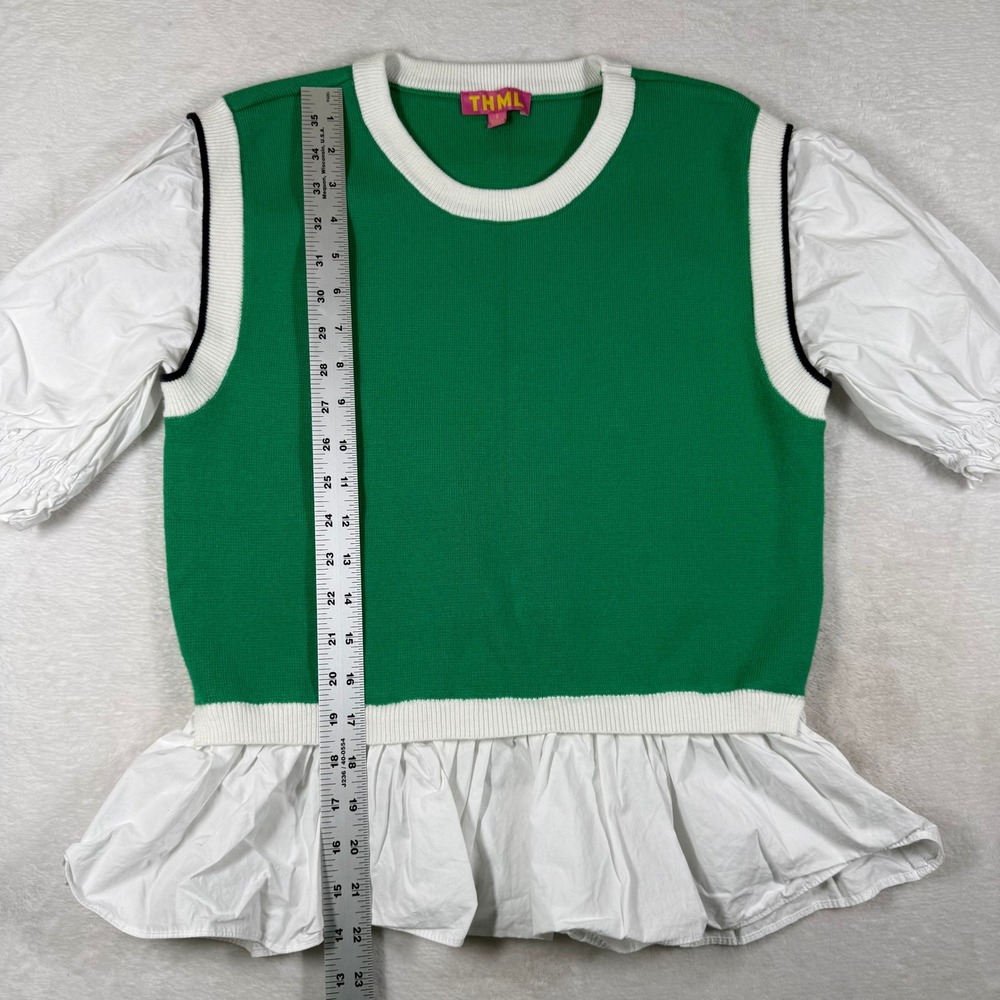 THML Green Knit Mixed Media Puff Sleeve Peplum Top WK0190-GN Small - Picture 4 of 8